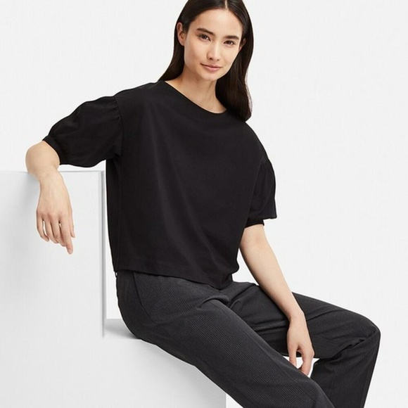 UNIQLO Mercerized Cotton Gather Half-Sleeve T-Shirt in Black Size Medium M - Picture 1 of 3